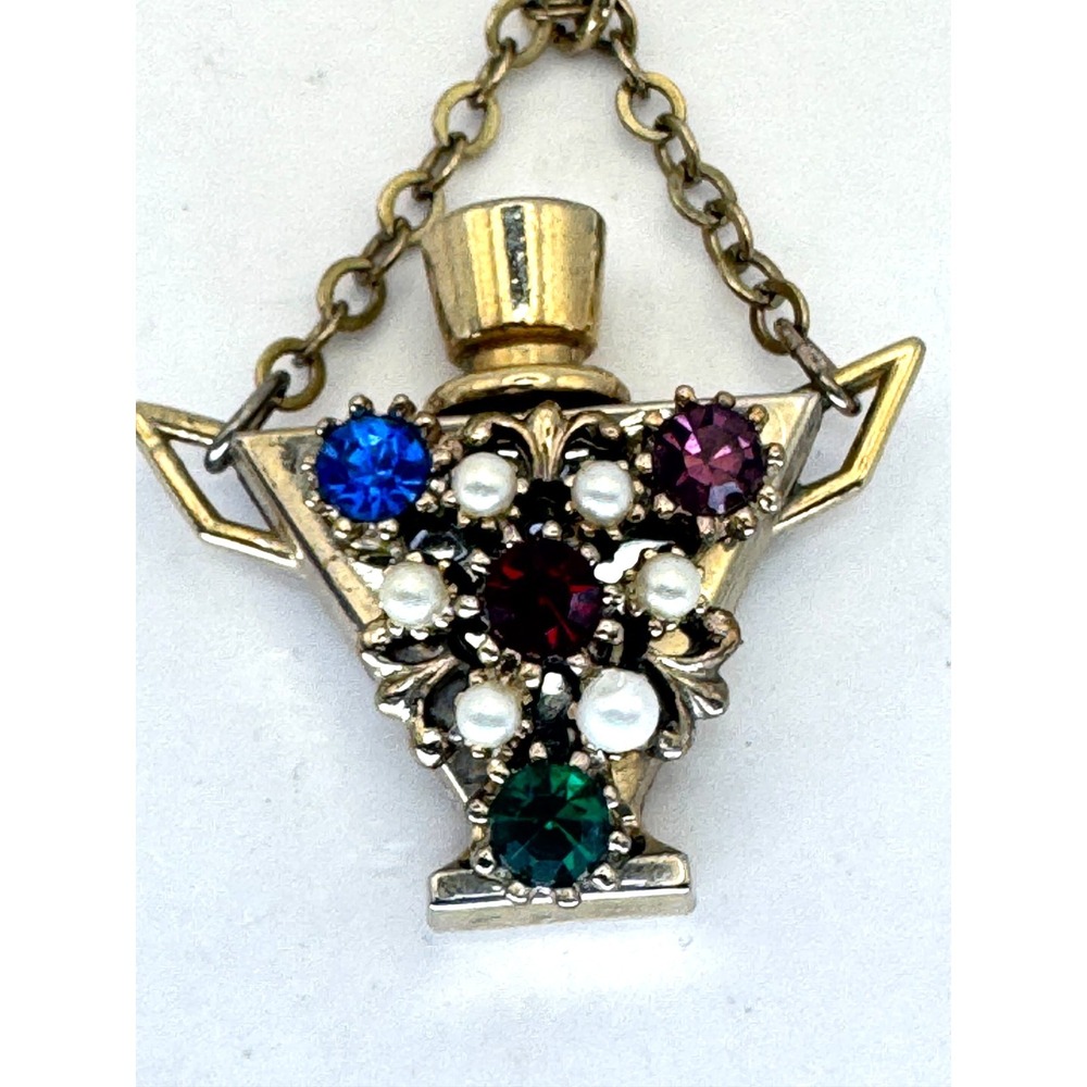 Vintage Perfume Bottle Bracelet Urn Rhinestones Faux Pearls Jeweled Charm